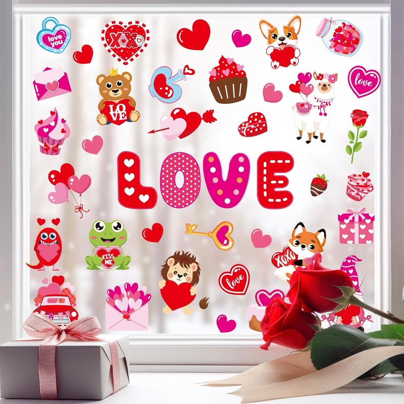 Whaline 9 Sheets Valentine's Day Cartoon Window Cling Stickers Red Pink Love Heart Cake Gnome Reusable Window Decals for Wedding Anniversary Party Home Office Classroom Decoration - Image 1